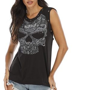Black Skull sleeveless open back rivets- collar/sleeves biker style shirt-XL NEW